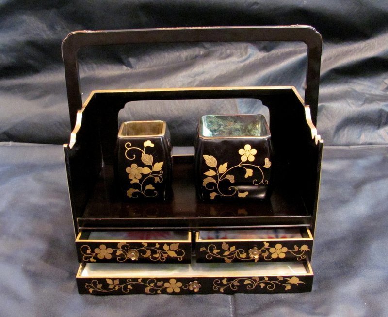 19th C. Japanese Black and Gold Lacquered Wood and Brass Tabako-Bon