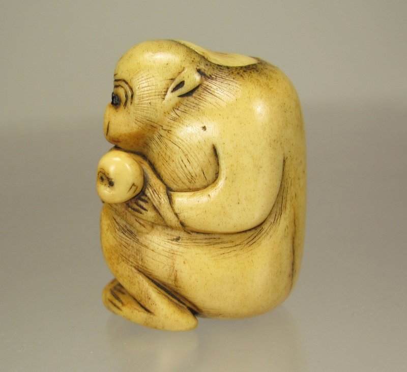 19th Century Japanese Stag Antler Netsuke, Monkey and Young