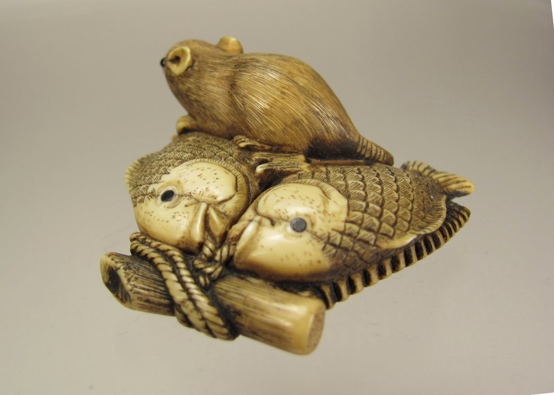 TOMOTAMI, 19th Century Japanese Netsuke, Rat upon Fish and Ferns