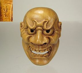 IKKO, 19th Century. Japanese Wood Mask Netsuke, Kyogen character Buaku