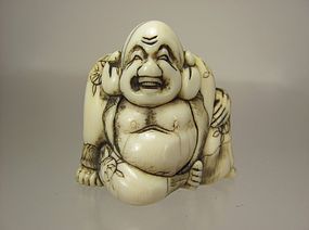 Late 18th C. Kioto School Netsuke:  Laughing Hotei