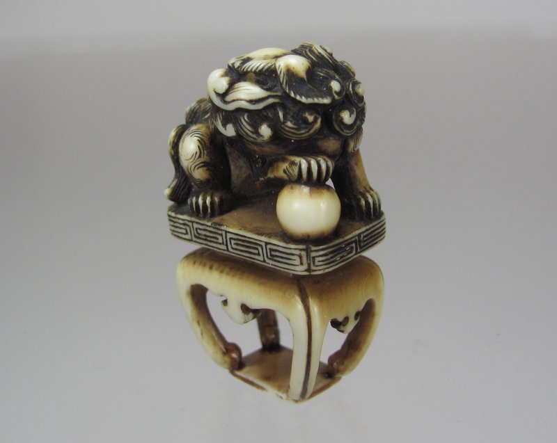 19th C.  Japanese Netsuke, Shishi on Stand