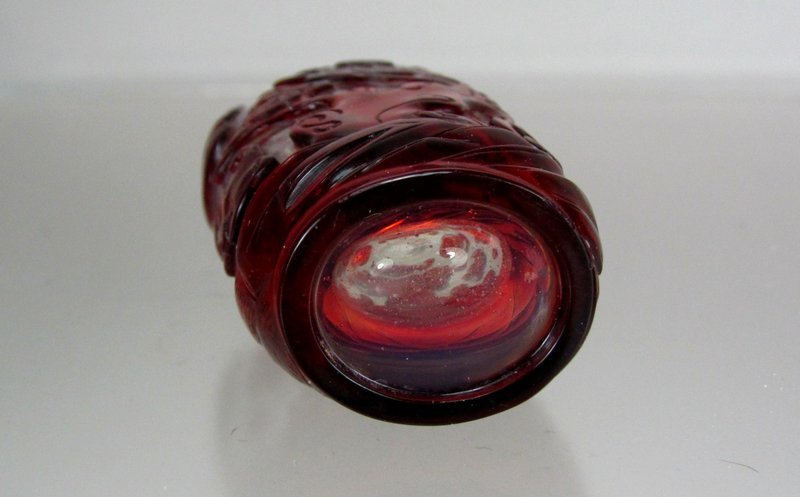 19th C Red Overlay Glass Snuff Bottle with Bats