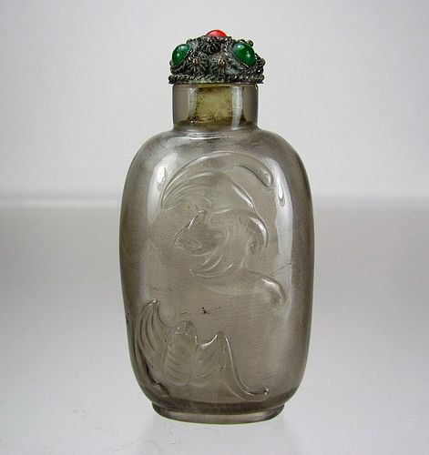 Antique Carved Rock Hair Crystal Snuff Bottle - Flying Bats