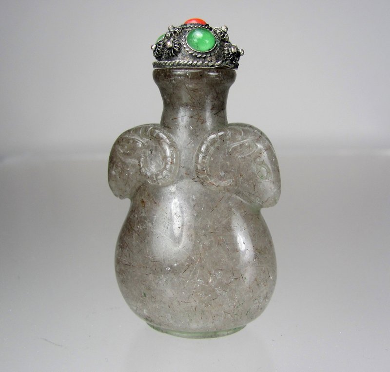 Carved Hair Crystal Snuff Bottle - Pear Shaped with Ram Masks