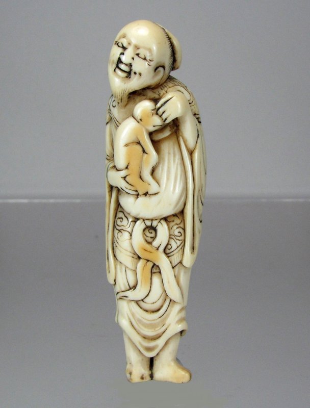 18th Century TALL Japanese Netsuke - Sennin with Monkey 18th Century TALL Japanese Netsuke - Sennin with Monkey