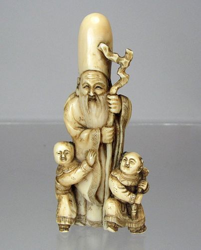 19th Century, Large Japanese Okimono Netsuke:  Fukurokuju with Karakos