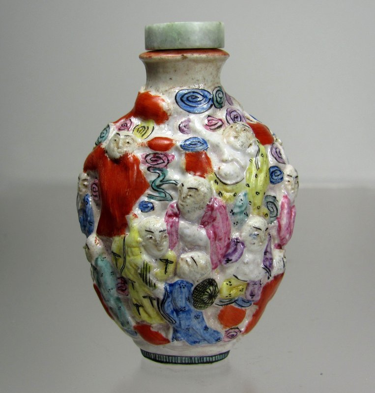 Antique Famille Rose Immortals Porcelain Snuff Bottle Daoguang Period