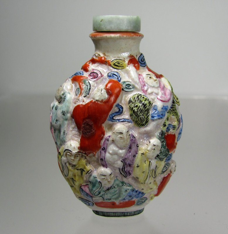 Antique Famille Rose Immortals Porcelain Snuff Bottle Daoguang Period