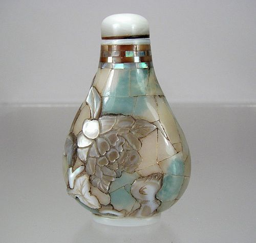 RARE CHINESE INLAID JADEITE AND MOTHER OF PEARL OVERLAY SNUFF BOTTLE