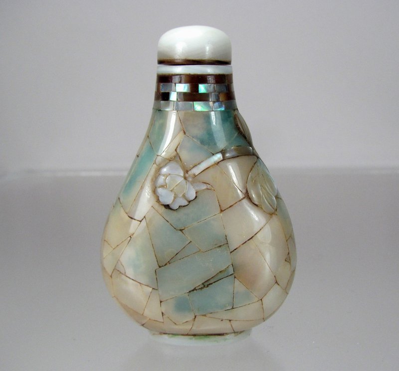 RARE CHINESE INLAID JADEITE AND MOTHER OF PEARL OVERLAY SNUFF BOTTLE