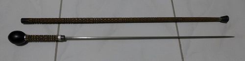 Antique GADGET CANE, Ebony Ball with Coin Handle, Carved Wood Shaft, 3