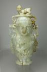 Chinese Carved Celadon Nephrite Jade Urn with Xiezhi Finial Lid