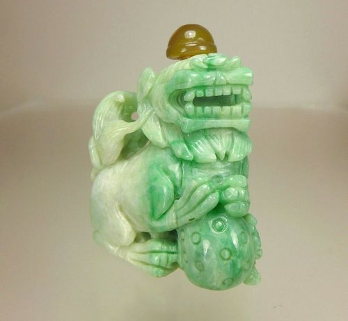 Chinese Carved Green and White Jade, Foo Dog, Snuff Bottle