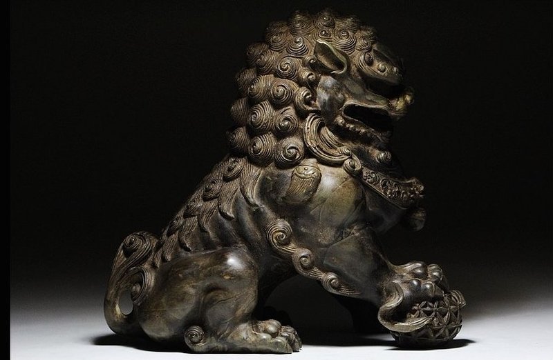 Pair of Chinese Stone Guardian Lions, (B)