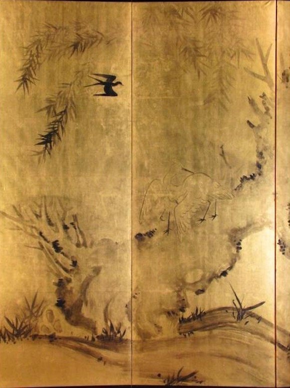 Meiji Period Japanese Gold Screen, Pond Scene