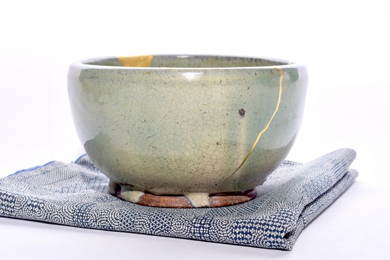 Edo Period Celadon Bowl with Ornate Gold Repairs