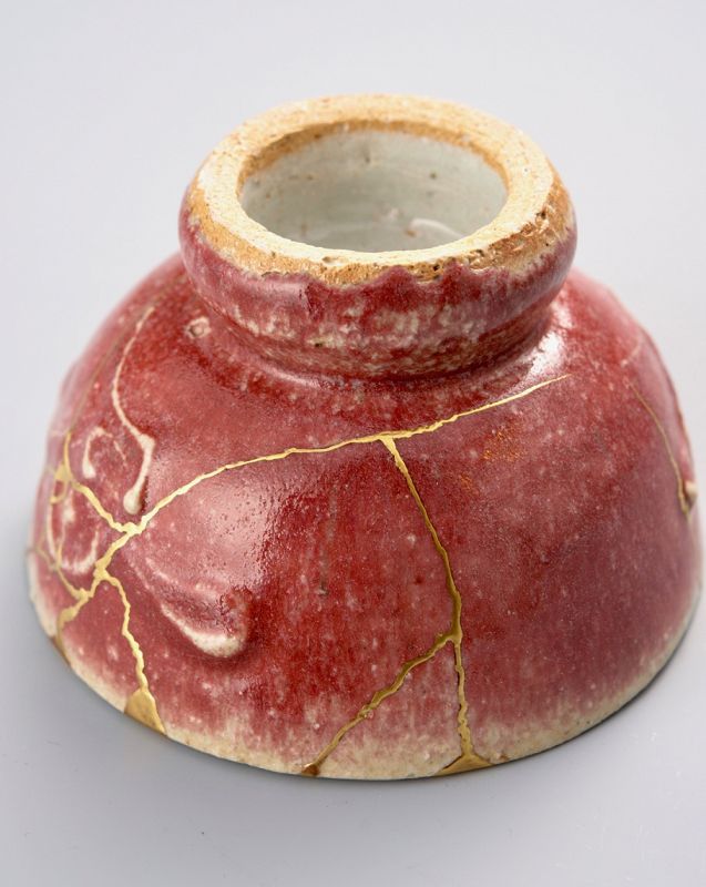 Cinnabar Glazed Tea Bowl w/ Gold Repair by Master Potter-Kawai Kanjiro