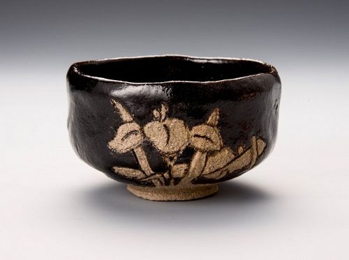 Black Raku Tea Bowl with Irises by Nakamura Donen III