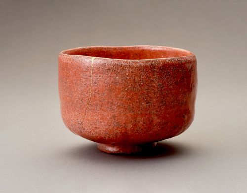 A Red Raku Tea Bowl by Sugimoto Sadamitsu with Kintsugi Gold Joinery