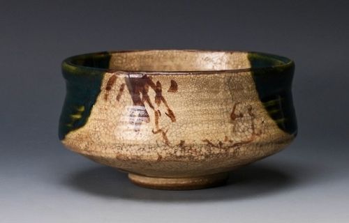 An Edo Period Oribe Tea Bowl with Green Glaze