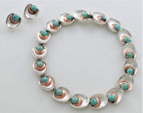 Antonio Pineda .970 Silver Copper Turquoise Necklace Earrings Set