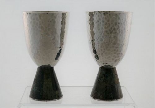 Los Castillo Plateado Silver & Natural Stone Inlay Hammered Cups 1960