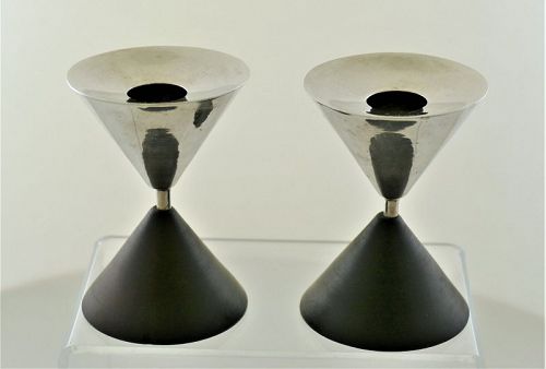 Spratling Sterling Silver & Wood Modernist Geometric Candlesticks 1956