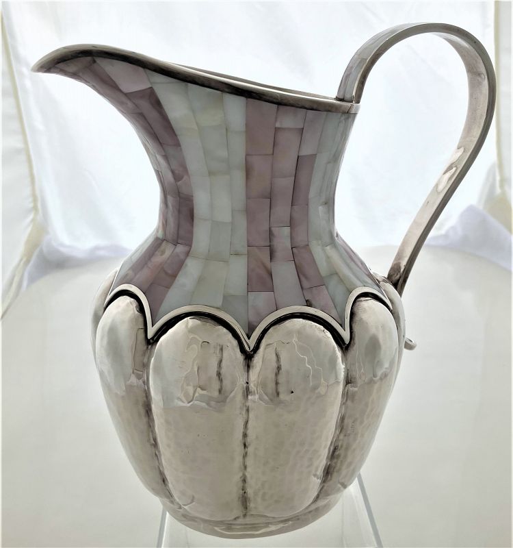 Los Castillo Handwrought Silver Plate Hammered Pitcher Mother of Pearl