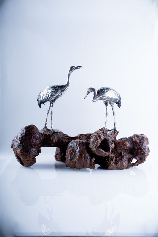 Shunko – A Japanese okimono pair of Manchurian Cranes
