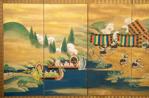 Six-panel byōbu with gold paper