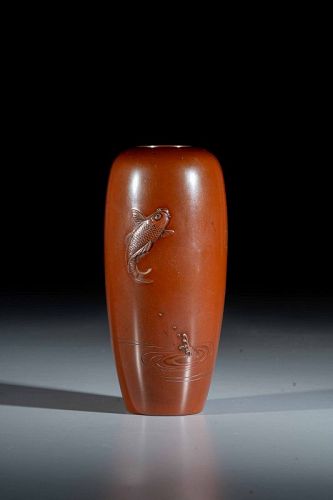 A Japanese bronze vase depicting a carp