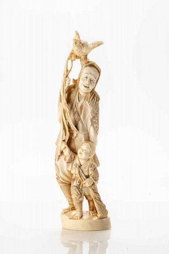 A Japanese ivory okimono depicting a hunter with an Onagadori rooster