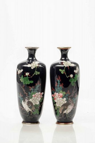 A Japanese pair of cloisonné enamel vases decorated with silver wire