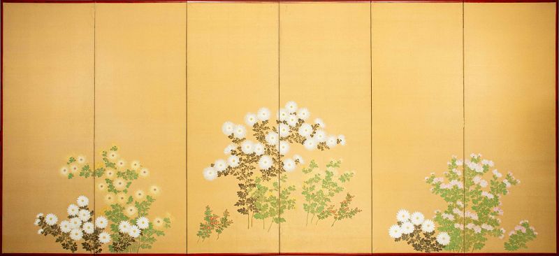 A Six-panel byobu 屏風 screen painted on silk with floral motifs