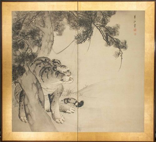 A two-panel screen depicting a tiger under a Matsu