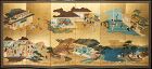 A six-panel japanese screen depicting scenes of daily life