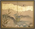 A two-panel screen depicting blooming irises and a sparrow