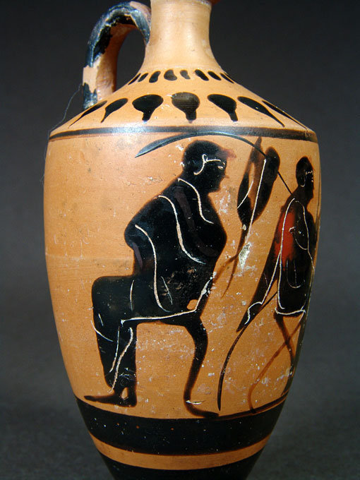 Attic black-figure lekythos with seated men, 500-480 BC