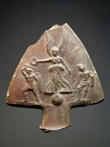 Roman Egyptian Handle Ornament, Nike and Gladiators, 50-100 AD
