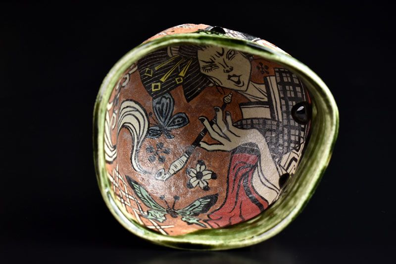 Fukami Fuminori Manga Oribe Chawan Tea Bowl ,Geisha with Kiseru