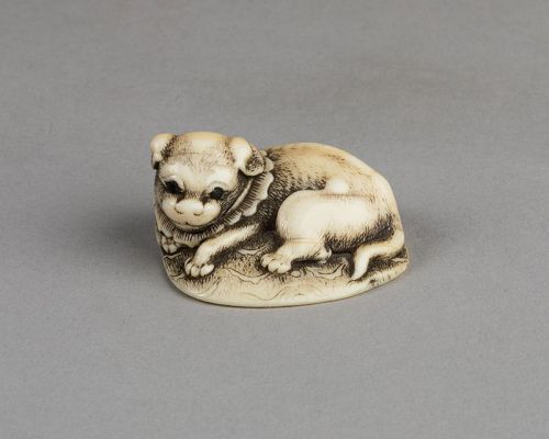 NETSUKE - Puppy lying on the carpet, Japan Edo