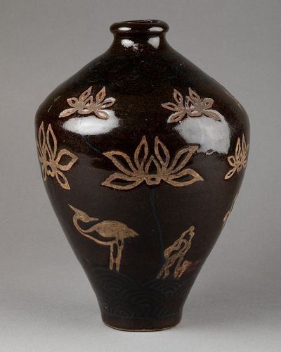 Stoneware Vase - Lotus And Crane