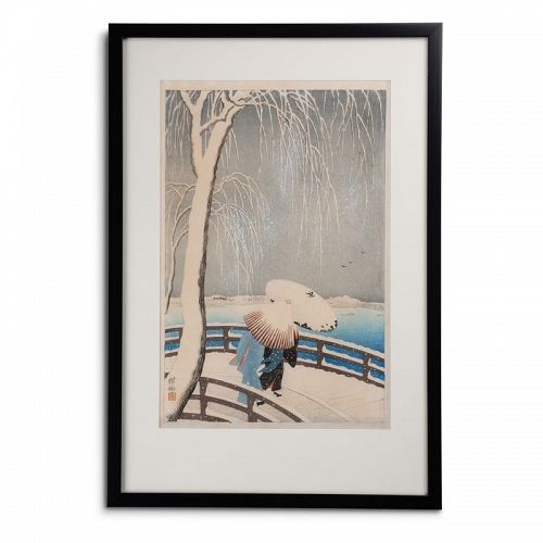 Japanese print Ohara Koson Snow on Willow Bridge