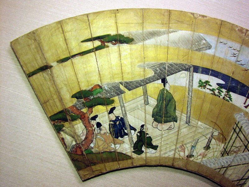 Very Old Japanese Painted Fan, Tale of Genji Mid Edo