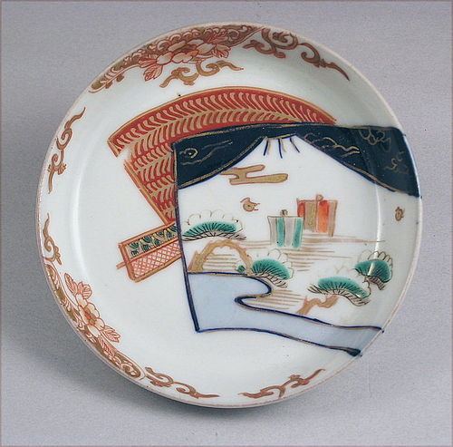 Nice Japanese Imari Porcelain Dish Fuji Mtn 19c