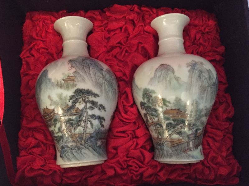 Very Lovely Rare Chinese Famille Rose Landscape Vase Pair