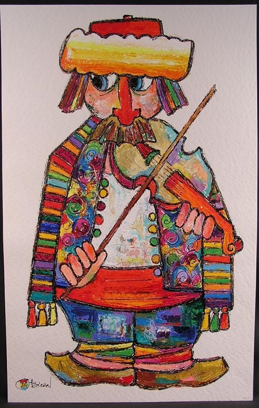 Very Attractive Original Acrylic Painting by Obican, Violinist, Signed