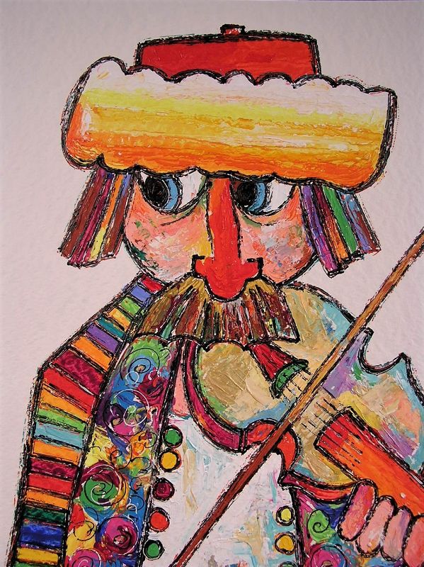 Very Attractive Original Acrylic Painting by Obican, Violinist, Signed