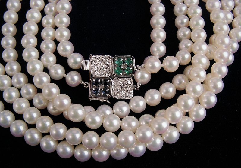 Additional Photos for Japanese Pearl Necklace w/Sapphire/Emerald